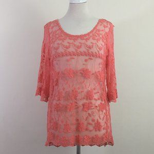 Sheer Coral Pink Lace Top 3/4 Sleeves Med Large